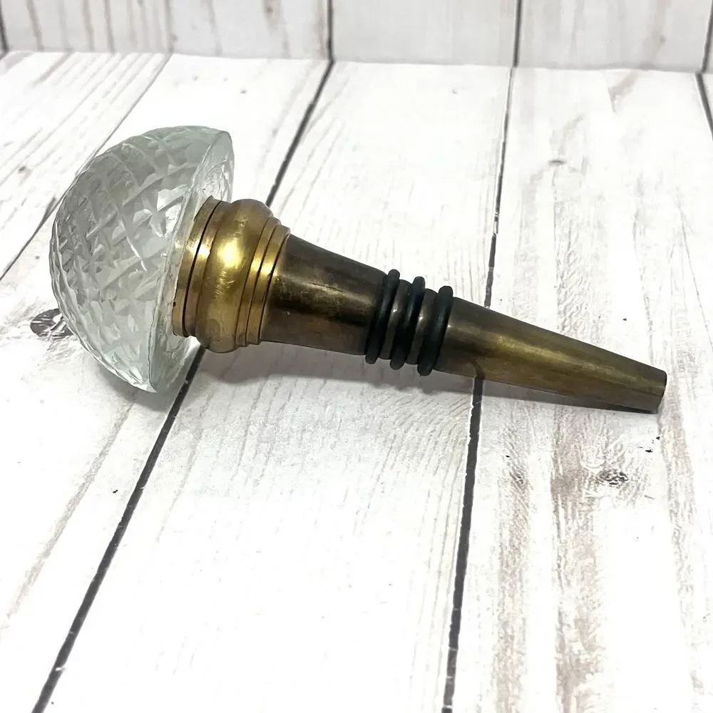 Vintage Cut Crystal Glass Bottle Stopper Brass Wine Stopper Barware